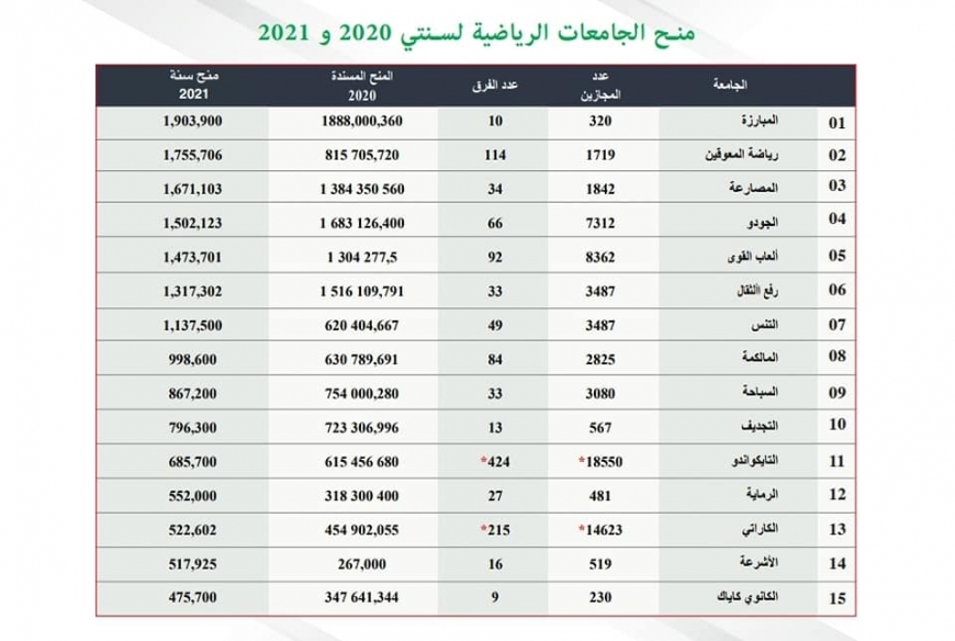 وزارة الشباب والرياضة والادماج المهني تنشر مبالغ المنح المسندة للجامعات الرياضية خلال سنة 2020