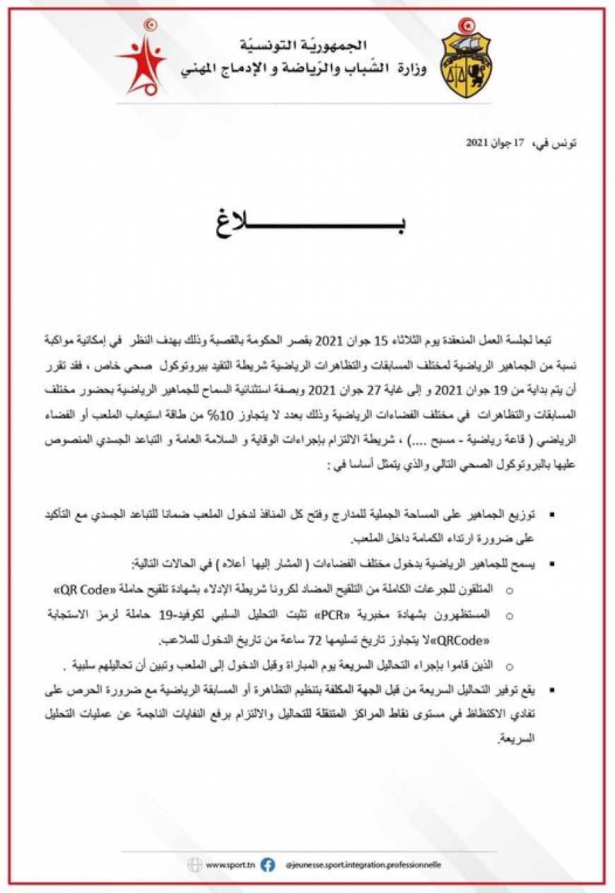 بداية من 19 جوان : عودة الجماهير للملاعب وكافة الفضاءات الرياضية بعدد لا يتجاوز 10 بالمائة من طاقة الاستيعاب