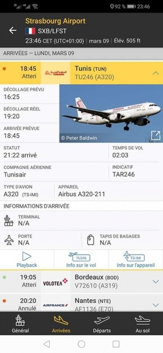 l'avion TUNIS AIR  a dû quitter Strasbourg sans passagers.